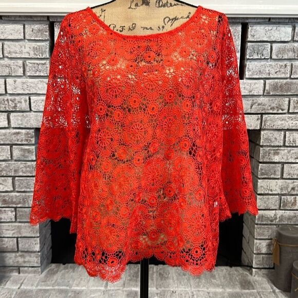 Adiva Womens Floral Crochet Open Knit 3/4 Bell Sleeve Top Red Orange Size Large - Picture 1 of 12